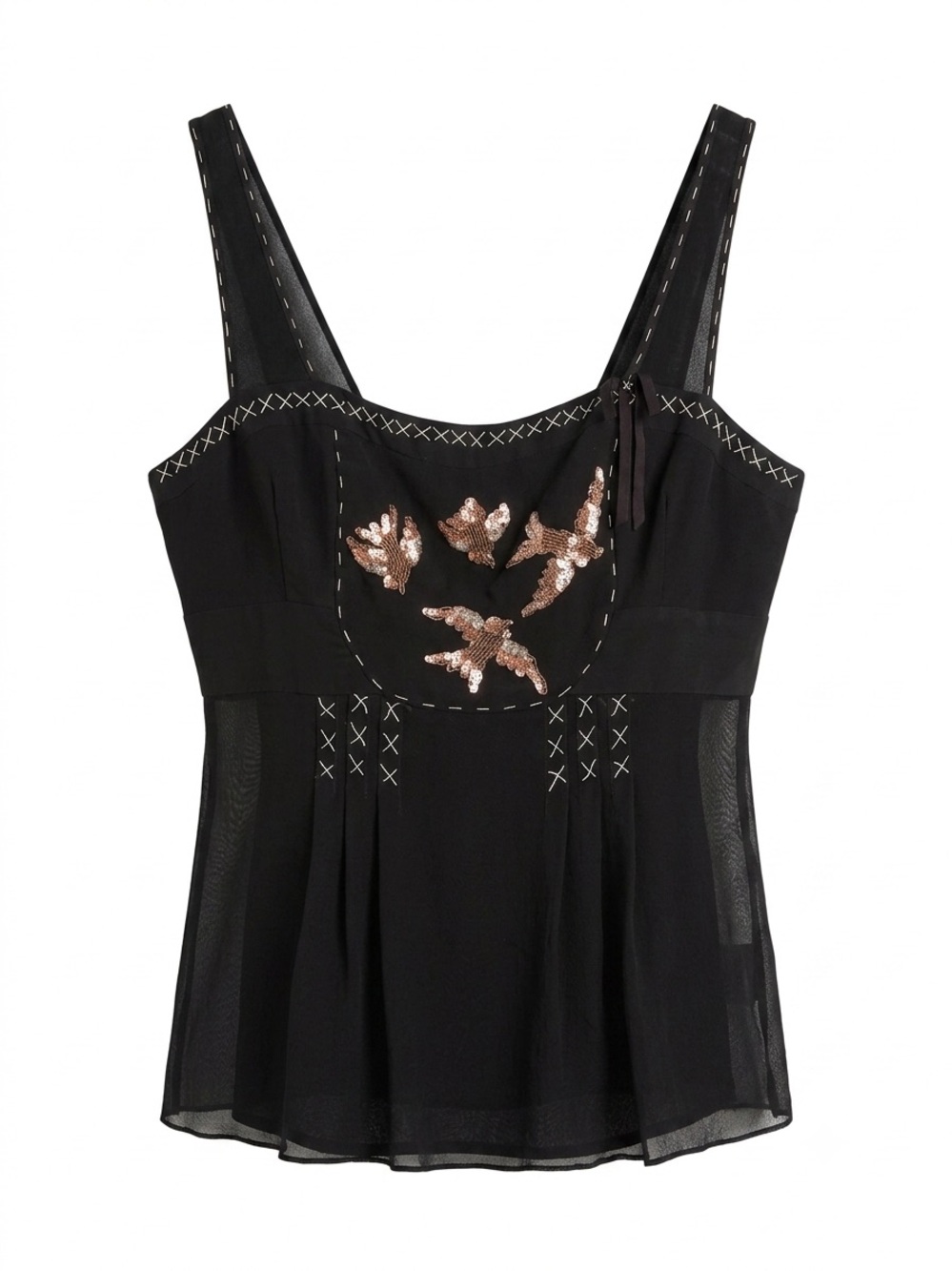 Nanette Lepore Black Camisole top Rose-Gold Sequin silk Detail birds vintage